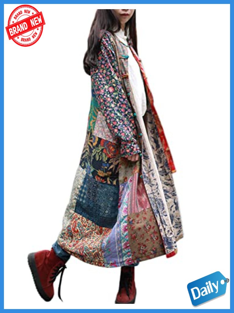 Cotton Linen Floral Patchwork Duster Trench Coat Boho